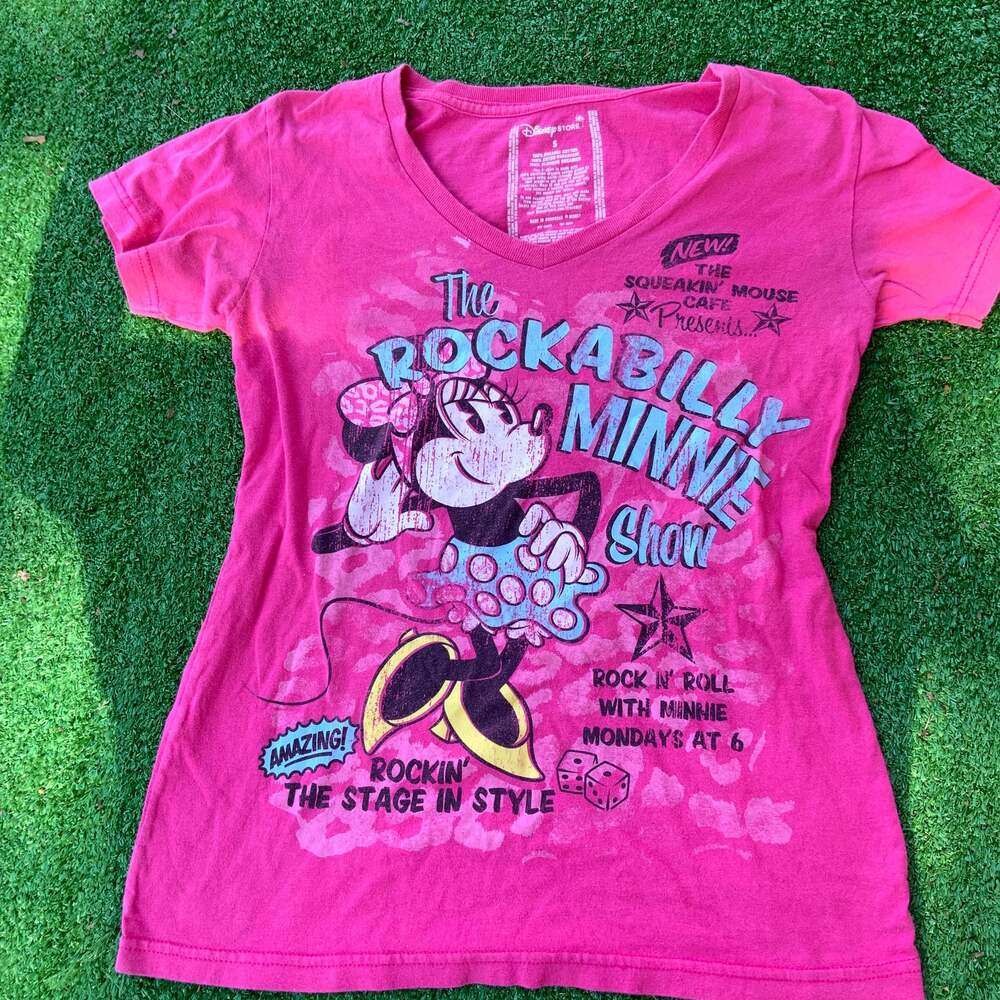 Disney Store The Rockabilly Minnie Mouse Show Pink Graphic V-Neck T-Shirt